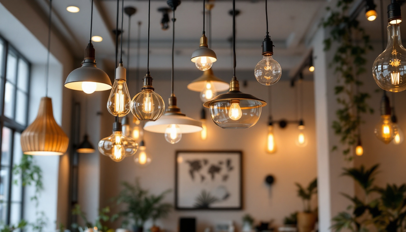 A photograph of a beautifully designed interior space featuring a variety of hanging ceiling lights