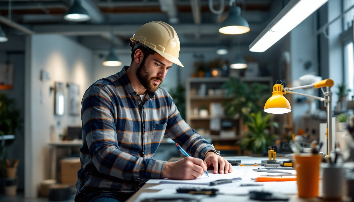 A photograph of a skilled electrical engineer working on a lighting design project