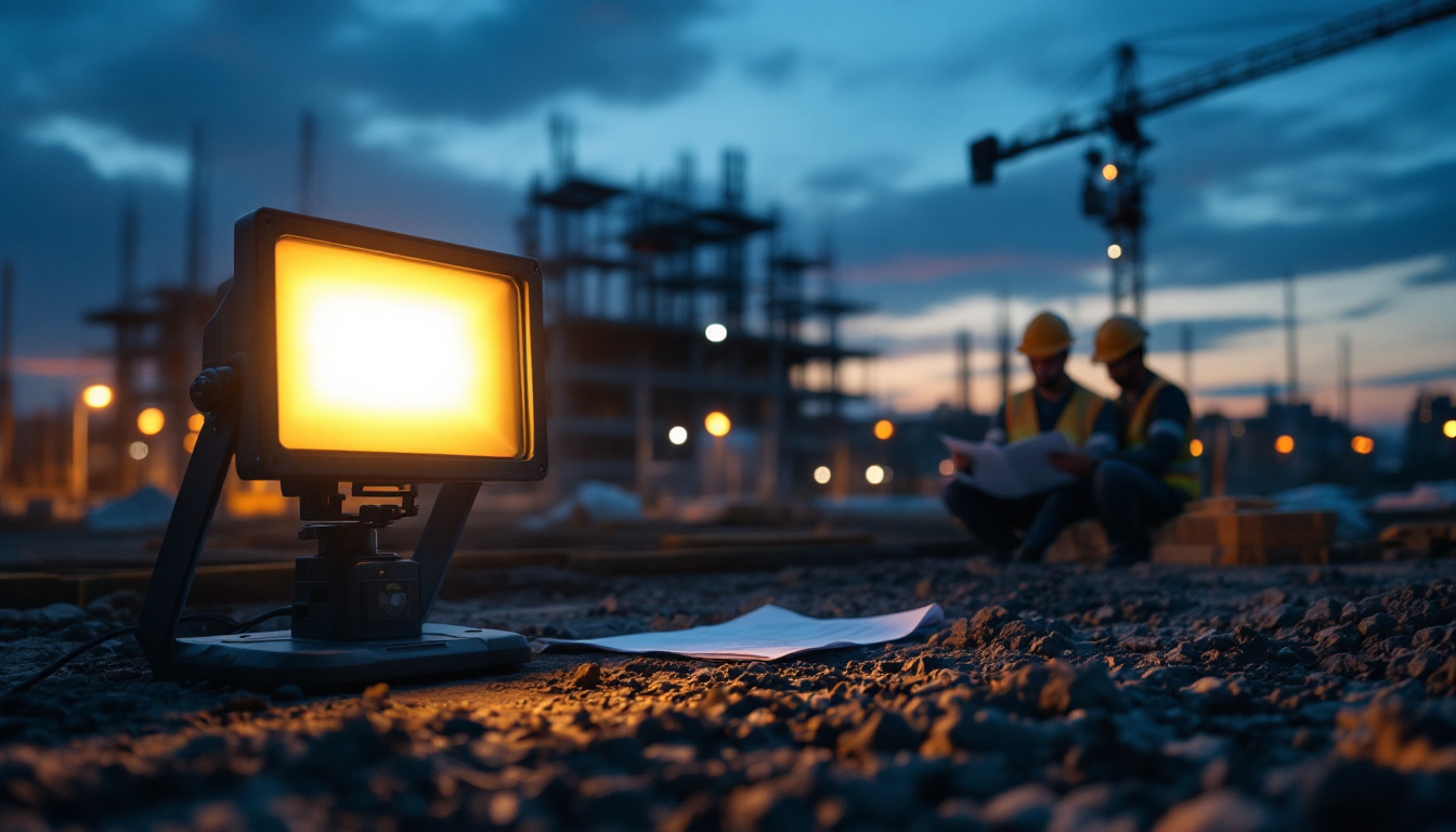 A photograph of a portable flood light set up in an outdoor engineering project site at dusk