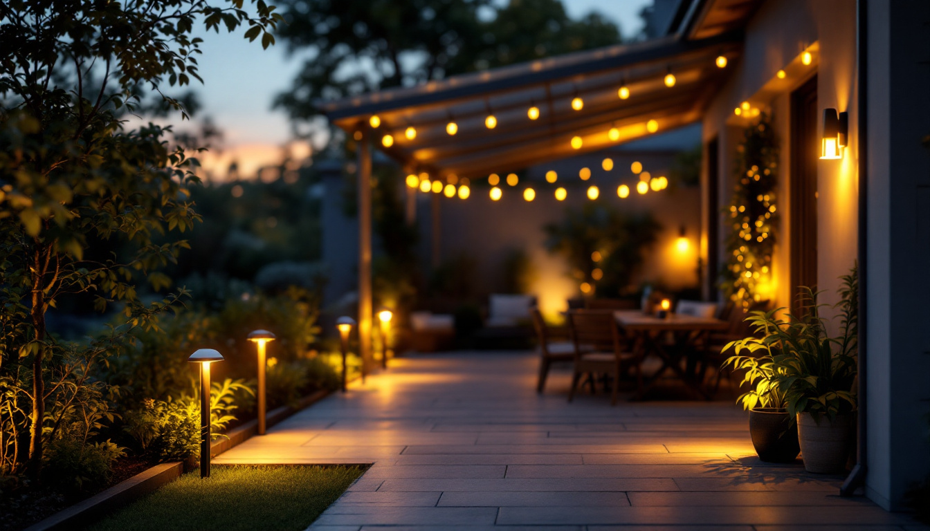 A photograph of a beautifully illuminated outdoor patio featuring solar lights in various designs