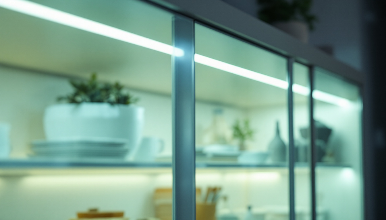 A photograph of a beautifully illuminated cabinet featuring led strips