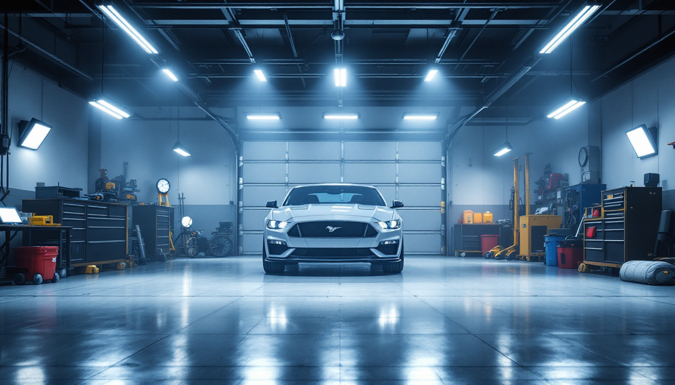 A photograph of a well-lit garage showcasing various led light fixtures in use