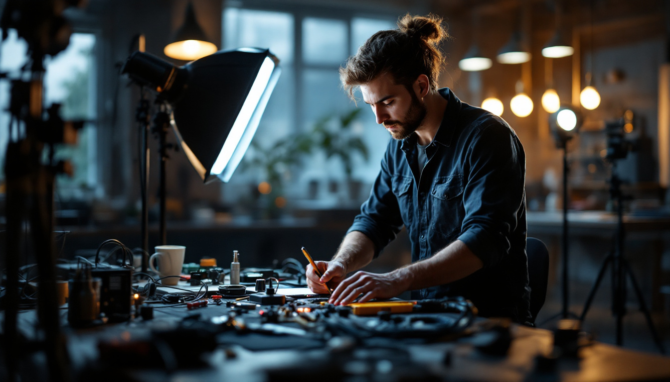 A photograph of a lighting engineer in action