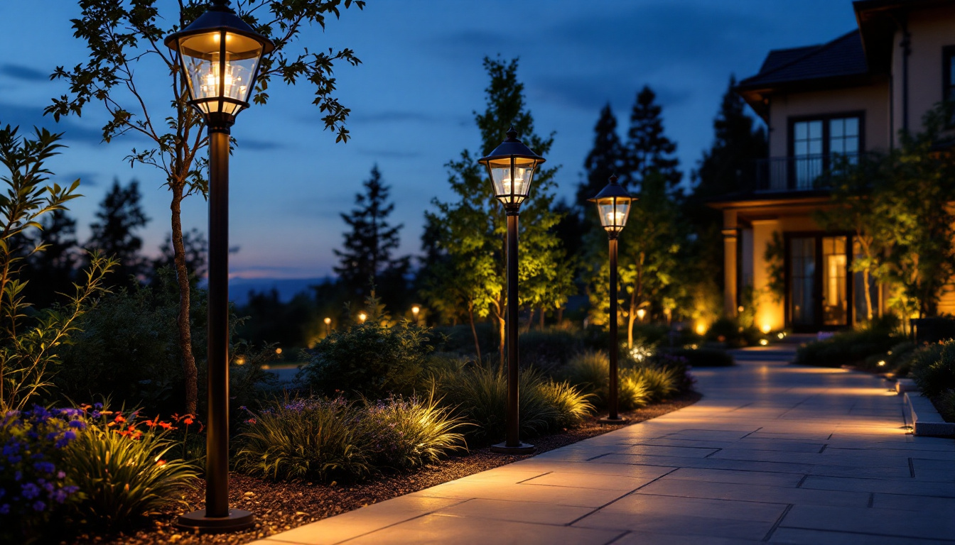 A photograph of a beautifully designed outdoor space illuminated by led post lights at dusk