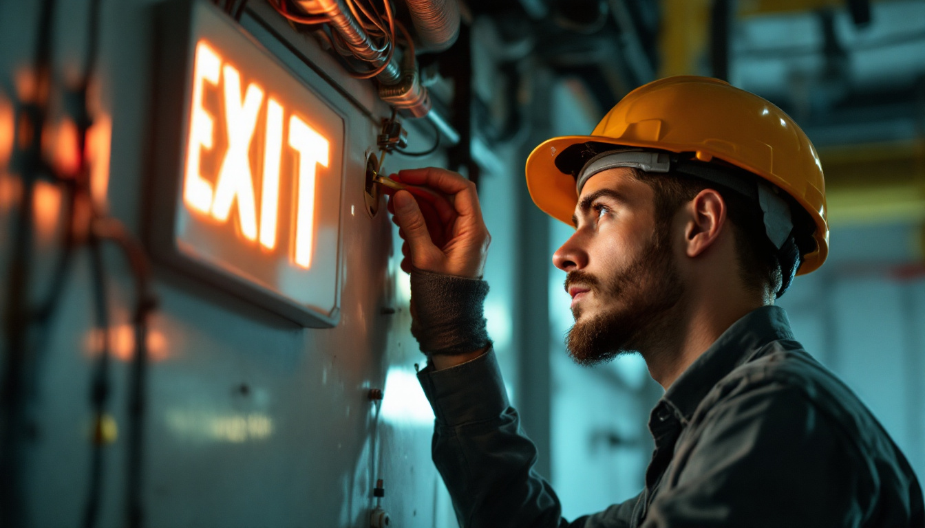 A photograph of a technician inspecting a malfunctioning illuminated exit sign