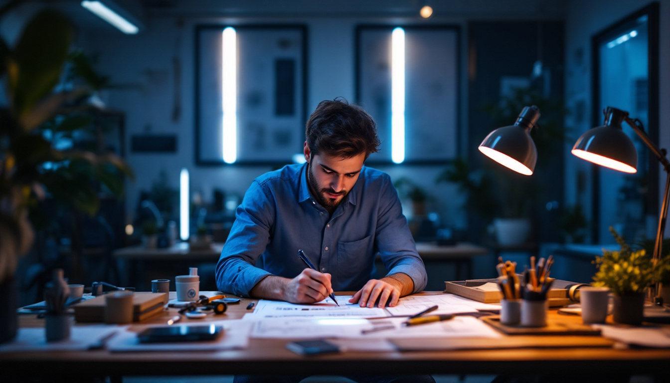 A photograph of a modern workspace where an electrical engineer is actively designing or testing cylinder lights