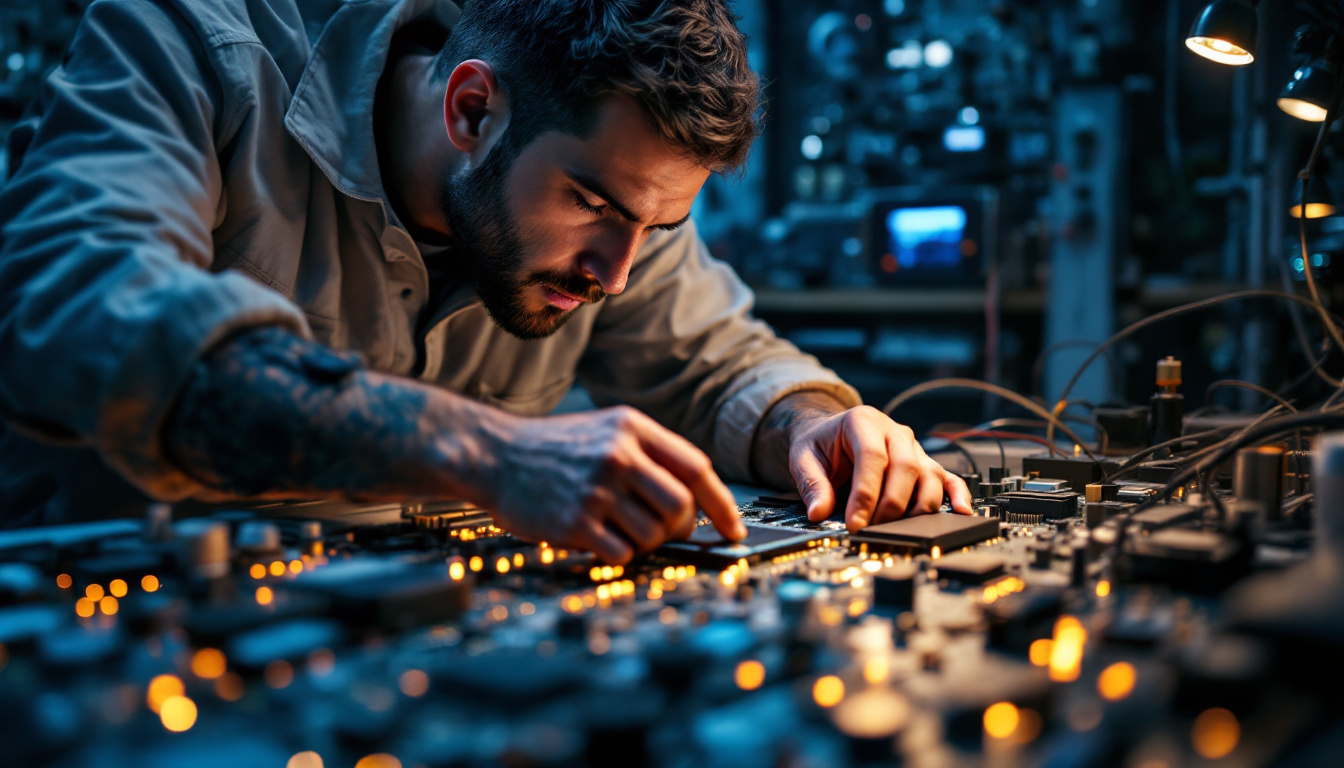 A photograph of a focused electrical engineer working on a complex circuit board