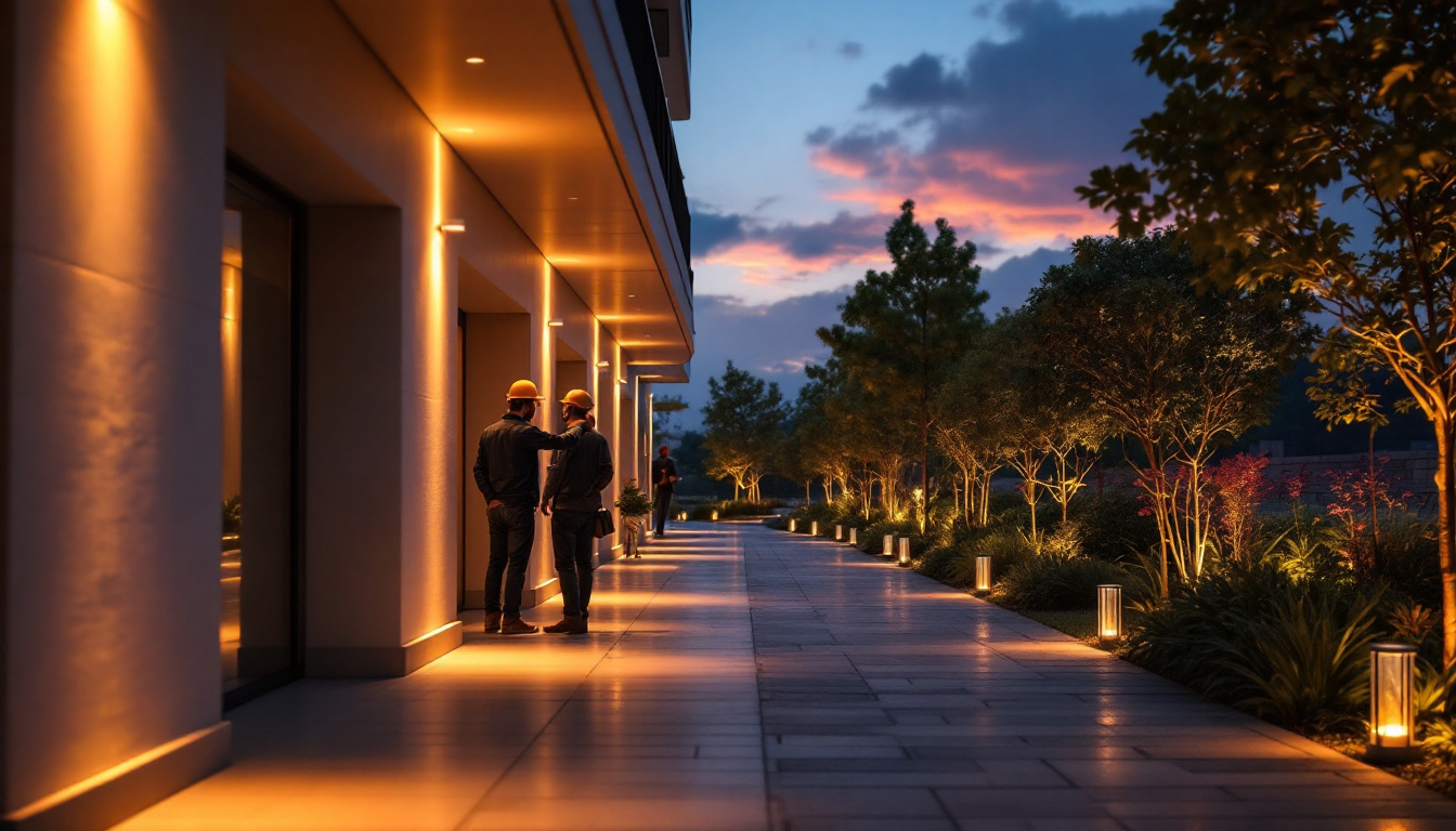 A photograph of a beautifully illuminated walkway at dusk