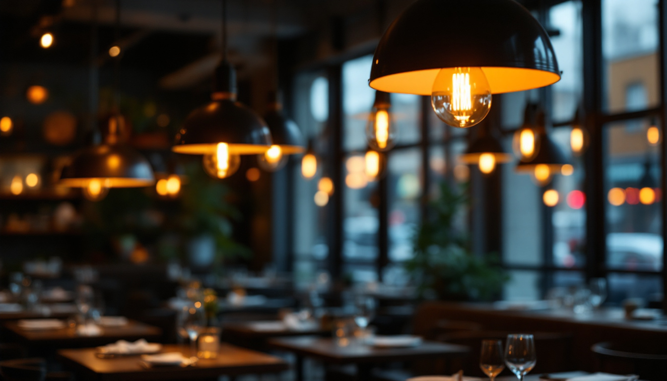 A photograph of a beautifully designed restaurant interior featuring stylish pendant lights