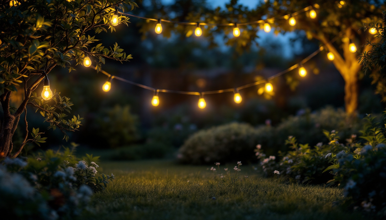 A photograph of a beautifully illuminated outdoor landscape featuring low voltage string lights