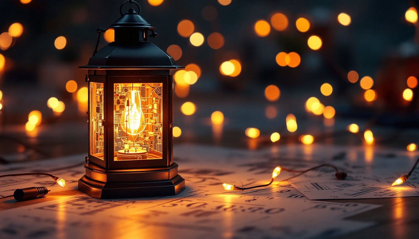 A photograph of a beautifully designed lantern illuminated with warm lights
