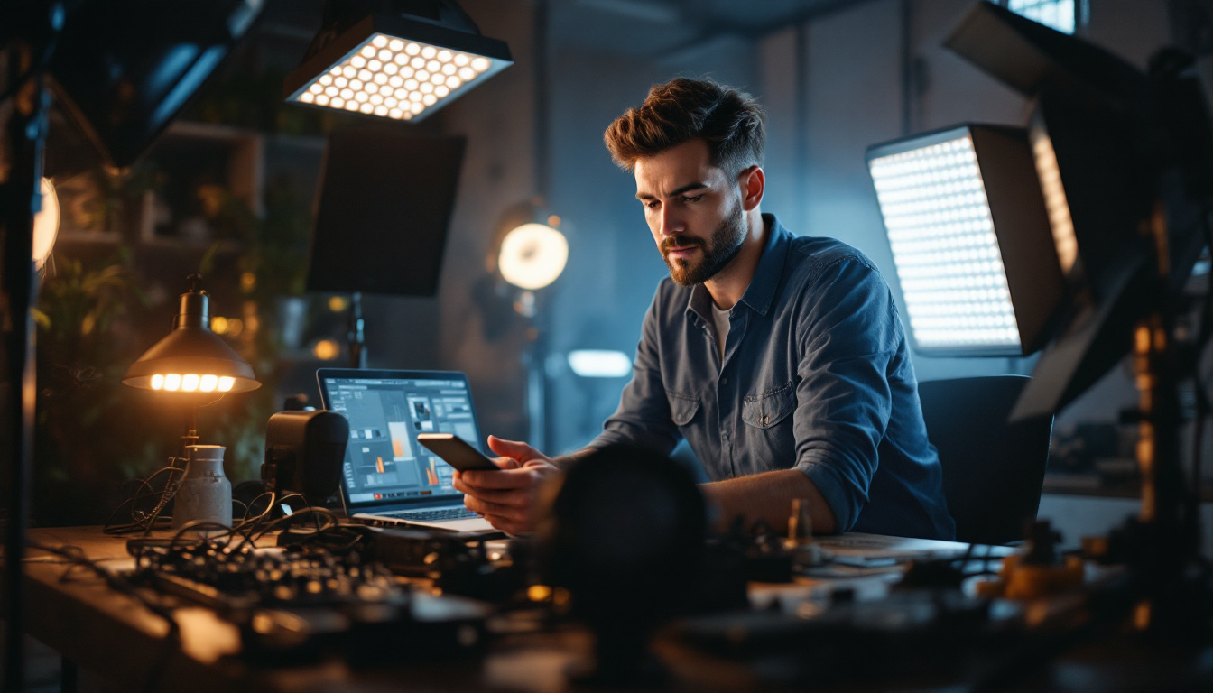 A photograph of a lighting engineer at work