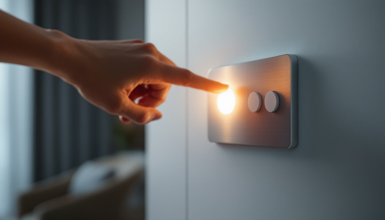 A photograph of a modern light switch being toggled on in a stylish