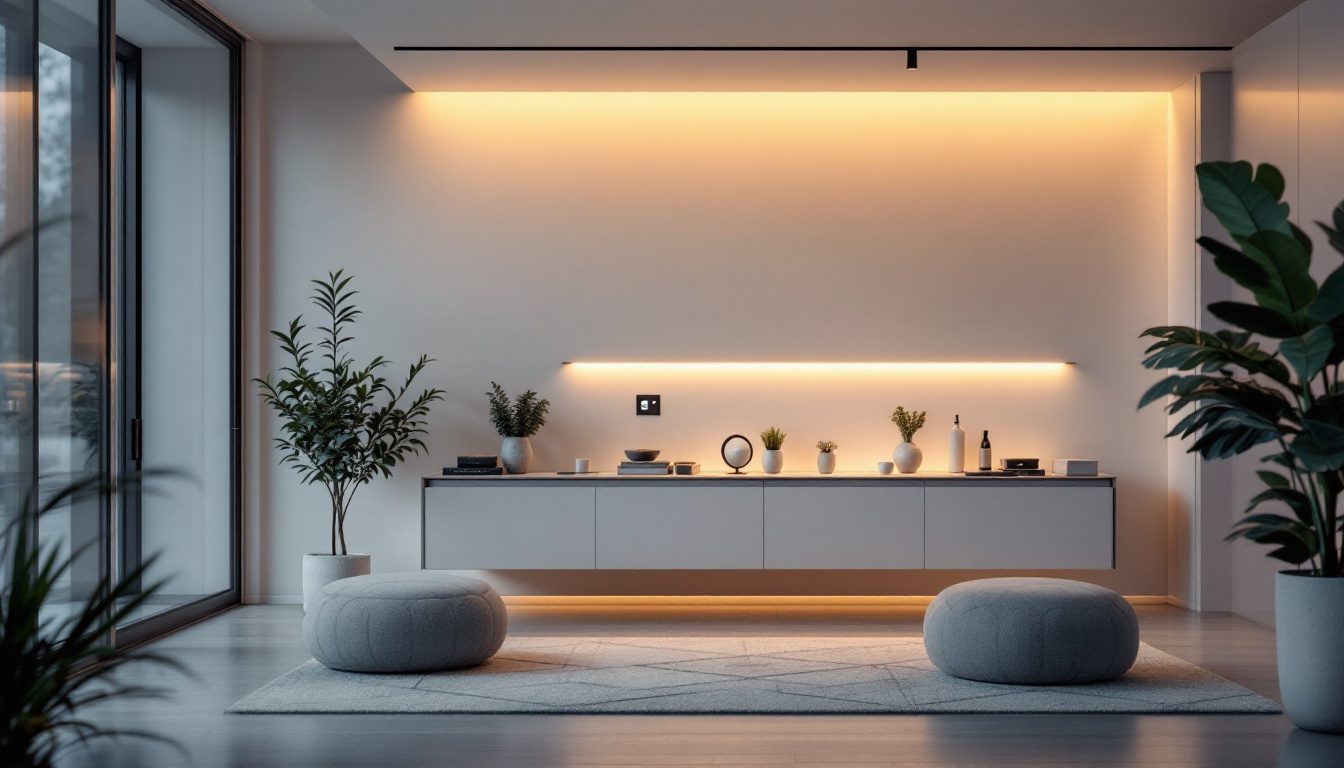 A photograph of a modern home interior showcasing smart lighting systems in action