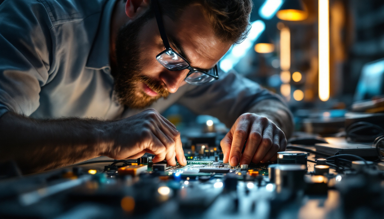 A photograph of a skilled electrical engineer working on a circuit board with hid lights prominently displayed