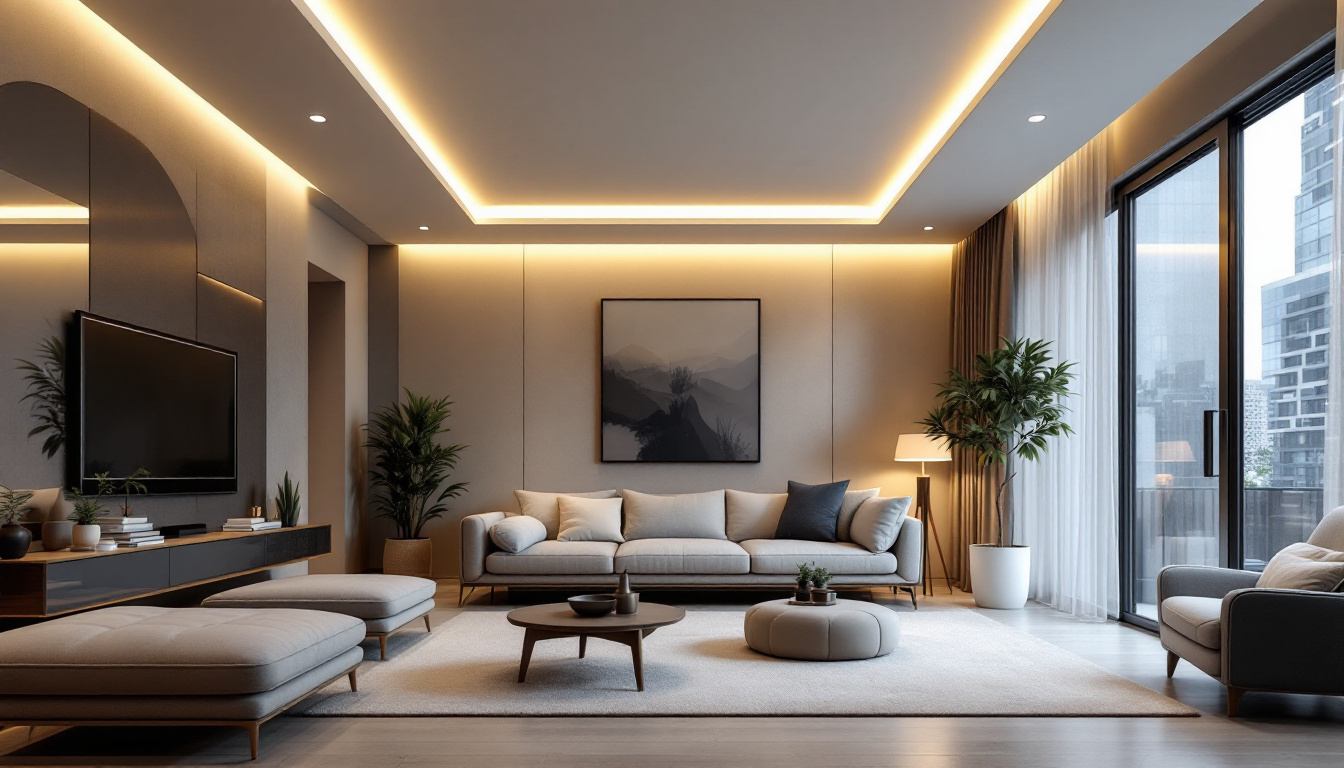 A photograph of a modern living space featuring sleek recessed led ceiling lights