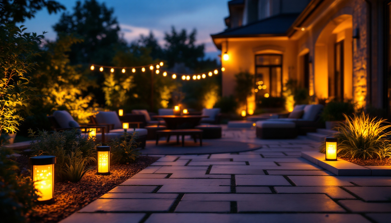 A photograph of a beautifully illuminated patio featuring various styles of outdoor solar lights