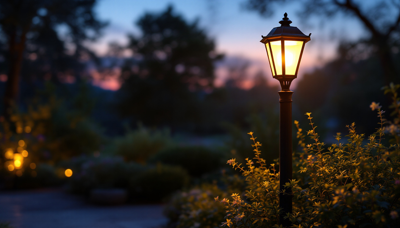 A photograph of a beautifully illuminated outdoor post lantern in a scenic garden setting during twilight