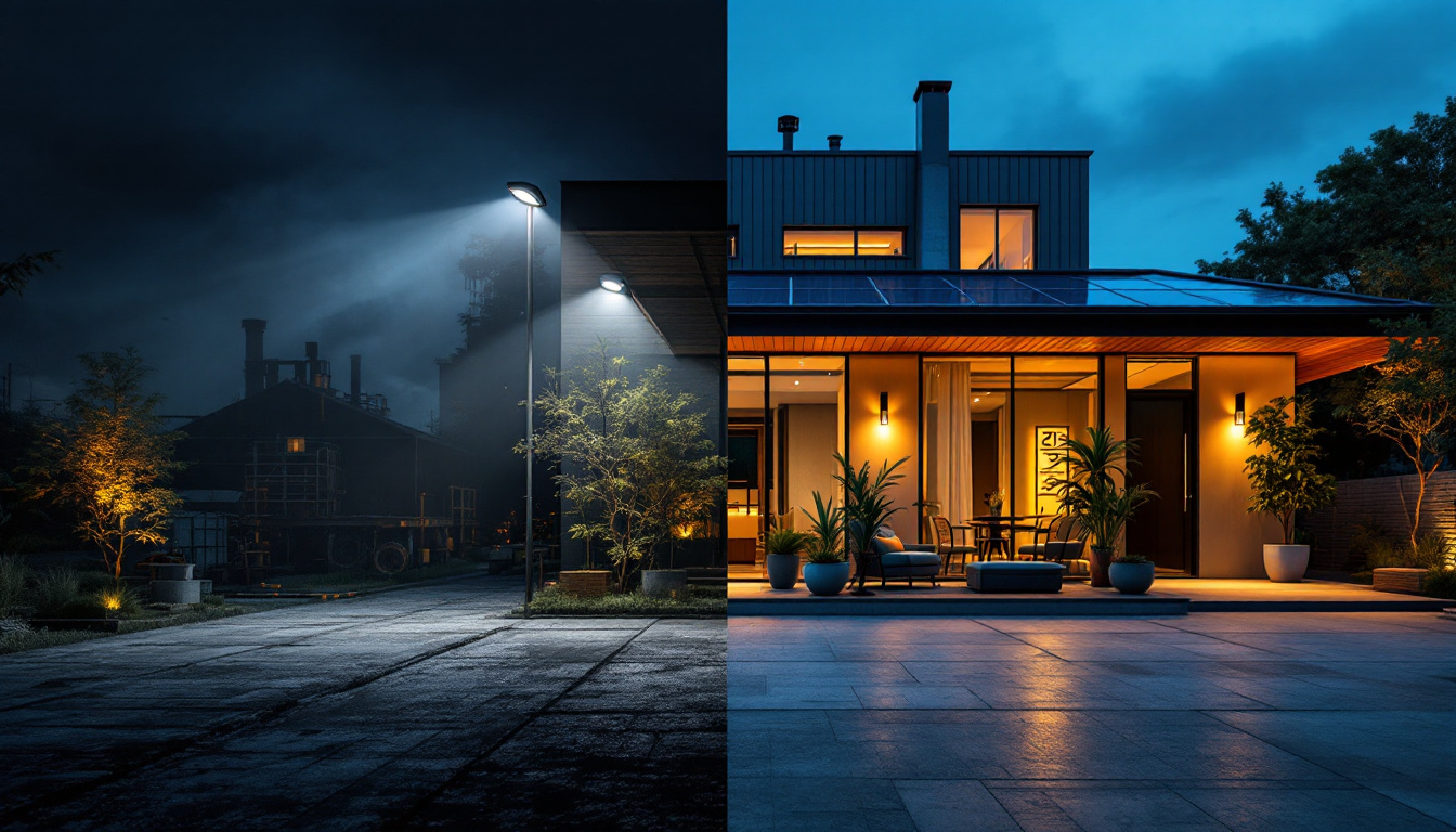 A photograph of a split scene showcasing the contrasting applications of brandsmart solar lights