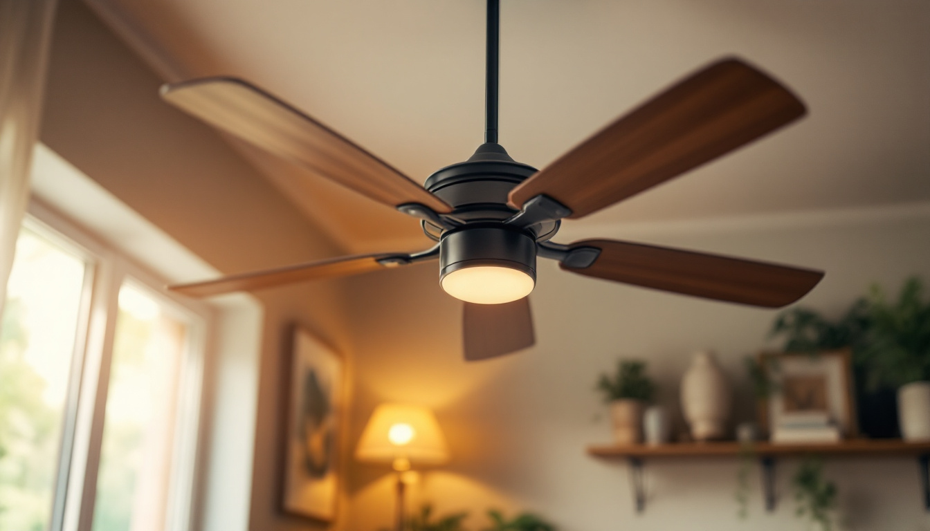 A photograph of capture a photograph of a stylish overhead fan in a well-lit room