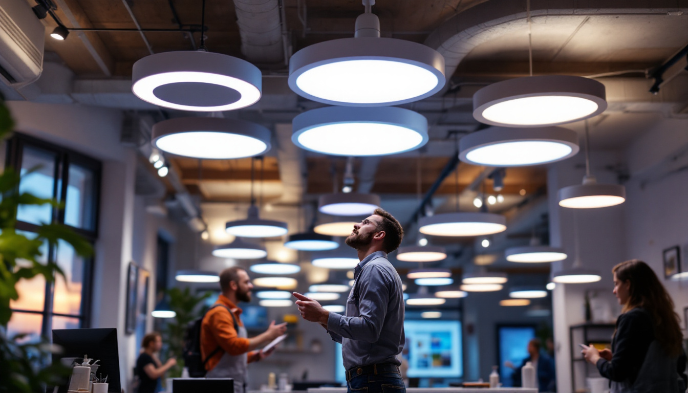 A photograph of a well-lit interior space featuring modern led ceiling pot lights in various configurations