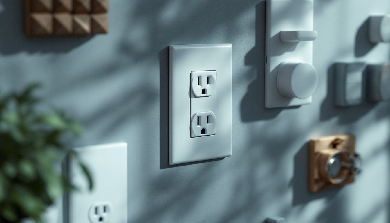 A photograph of a close-up shot of various wall outlet coverings in a well-lit setting