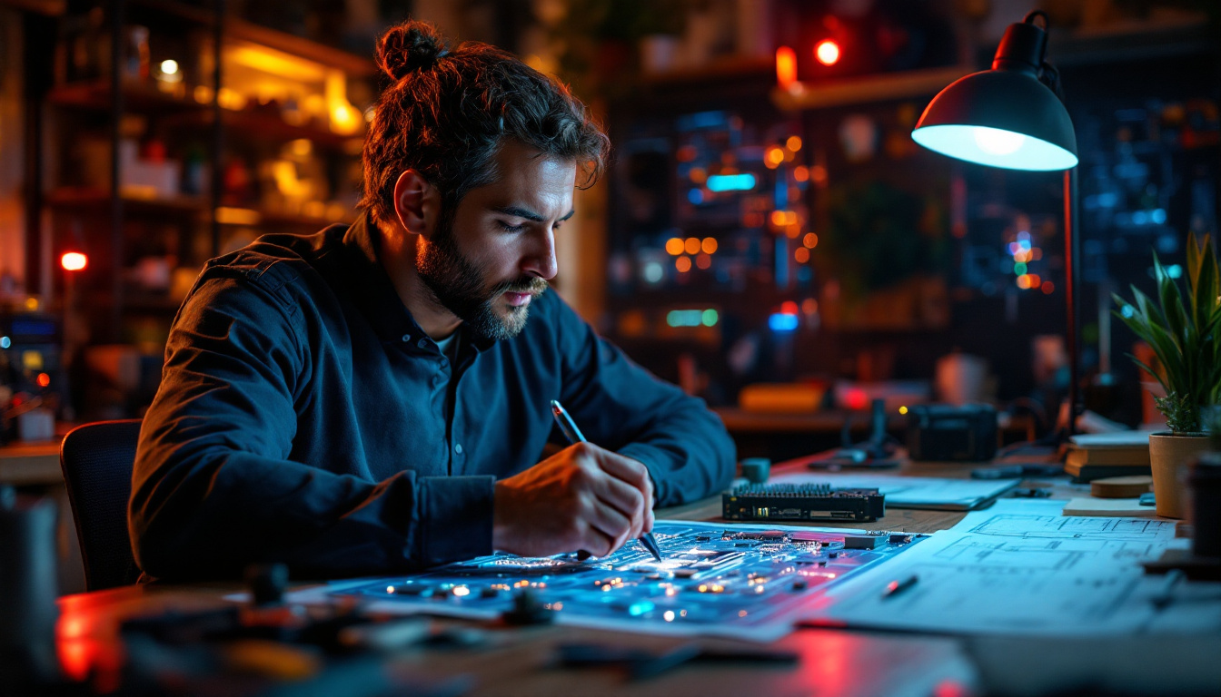 A photograph of a dynamic workspace featuring an electrical engineer deeply engaged in hands-on work with illuminated circuit boards and technical drawings
