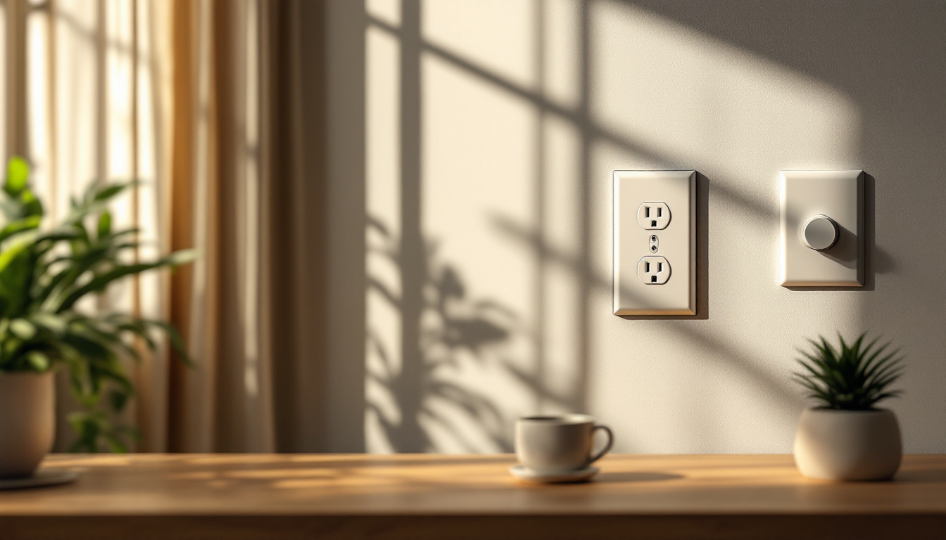A photograph of a well-lit interior setting featuring various styles of electrical plug cover plates on the wall