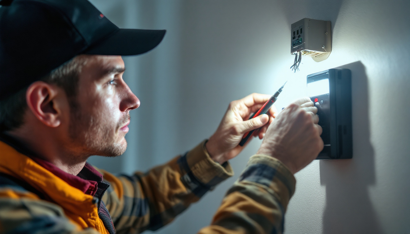 A photograph of a technician inspecting a wall-mounted lighting fixture