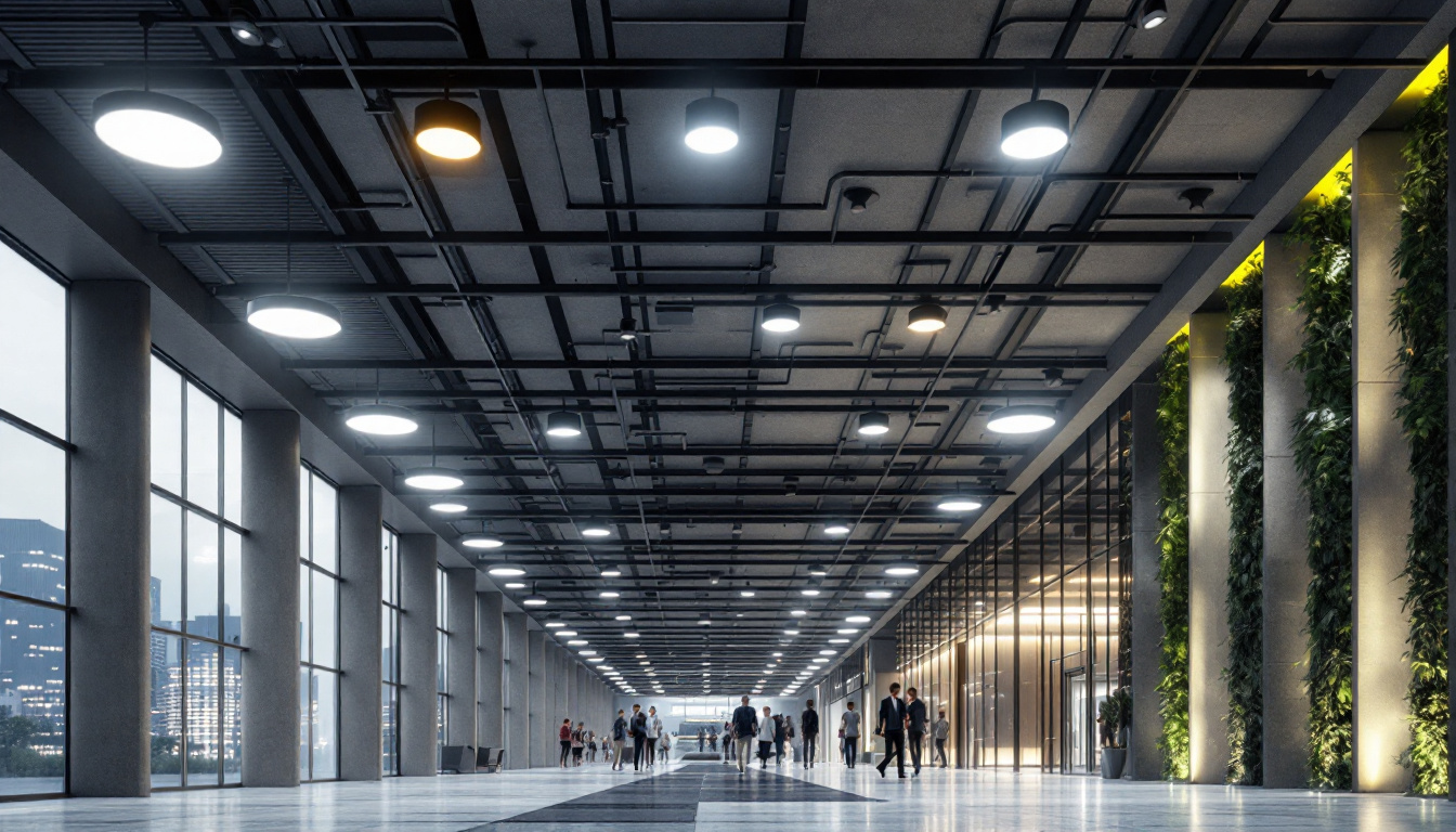 A photograph of a modern lighting installation in an urban setting