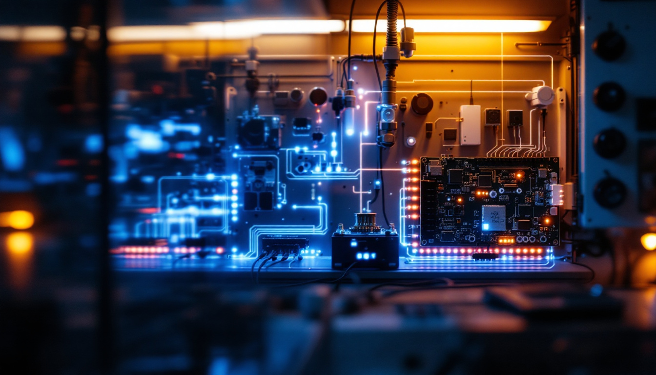 A photograph of a modern engineering workspace featuring an illuminated control panel with 0-10v dimming technology in action