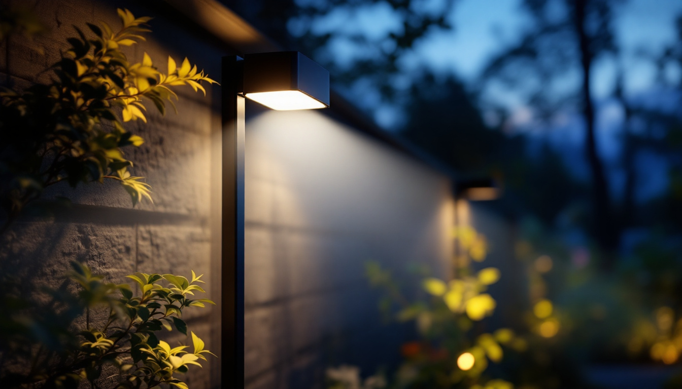 A photograph of a modern outdoor automatic lighting system in action at dusk