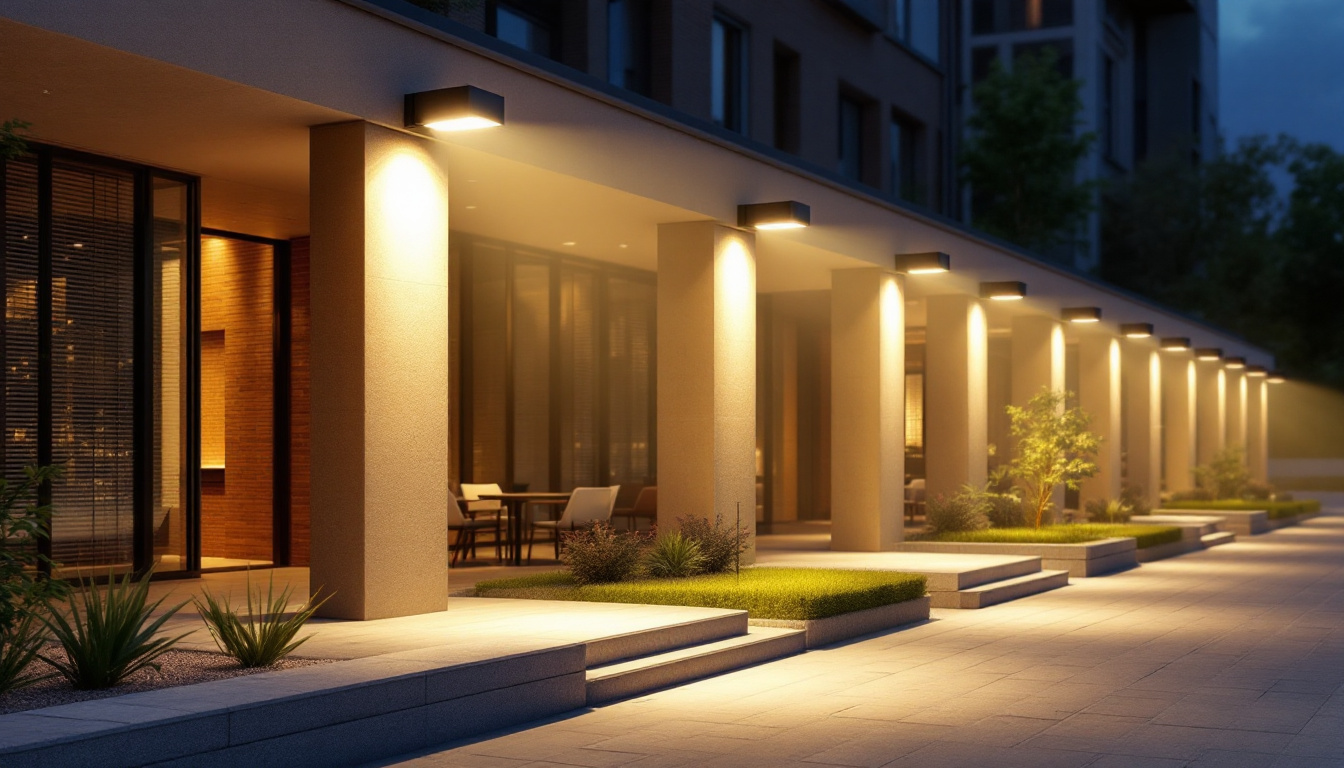 A photograph of a well-lit outdoor area featuring motion sensor flood lights in action