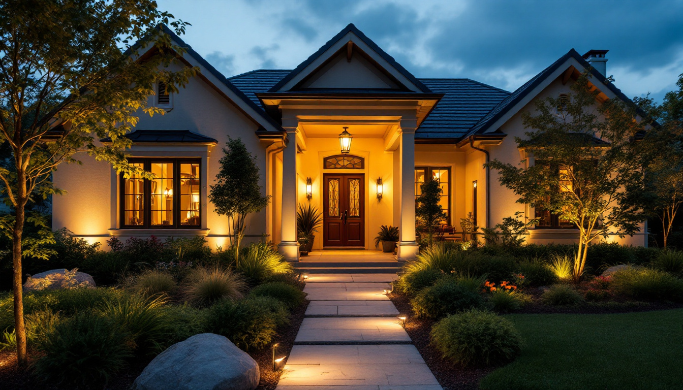 A photograph of a beautifully designed home exterior at dusk