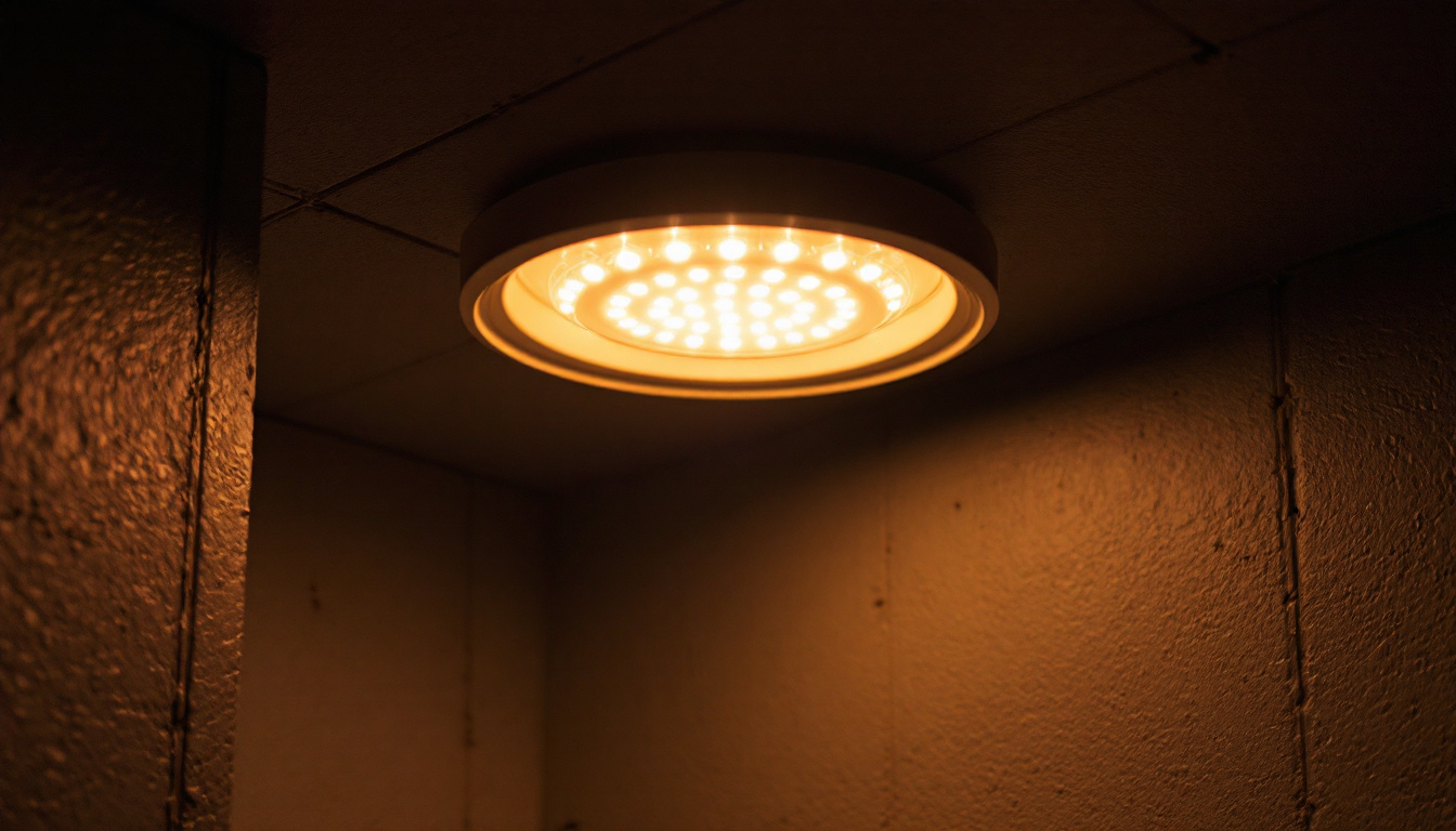 A photograph of a close-up view of a dimly lit room featuring an led pot light