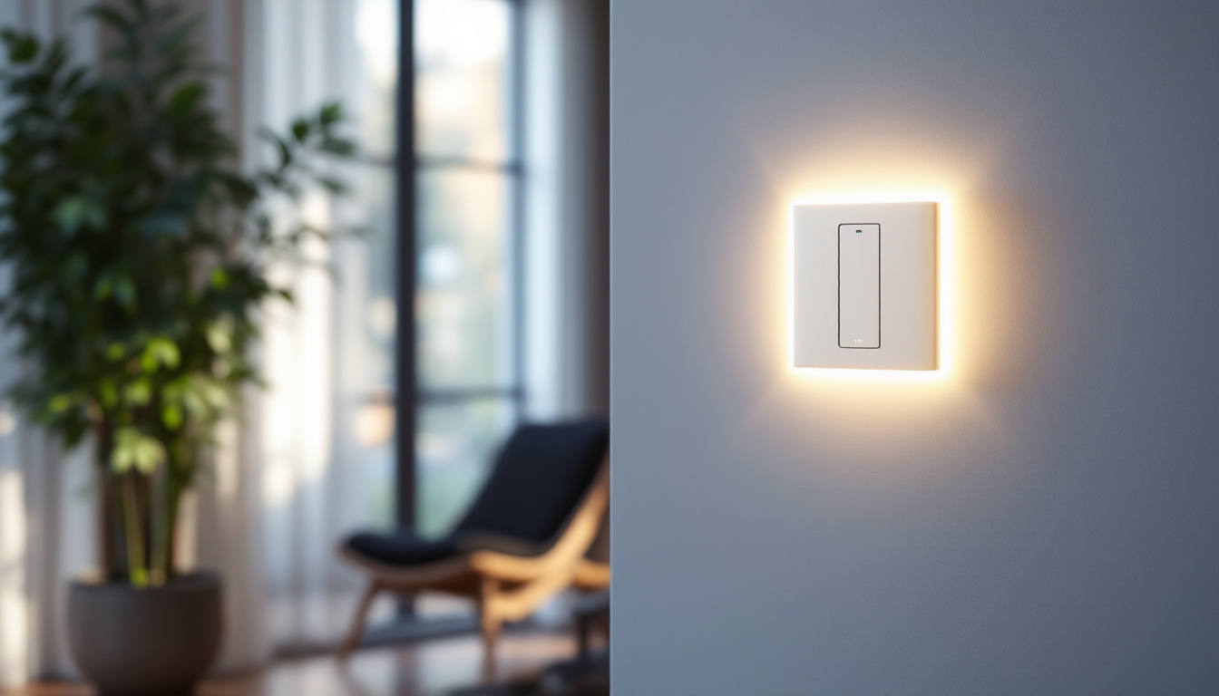 A photograph of a modern automated light switch in a stylish home setting