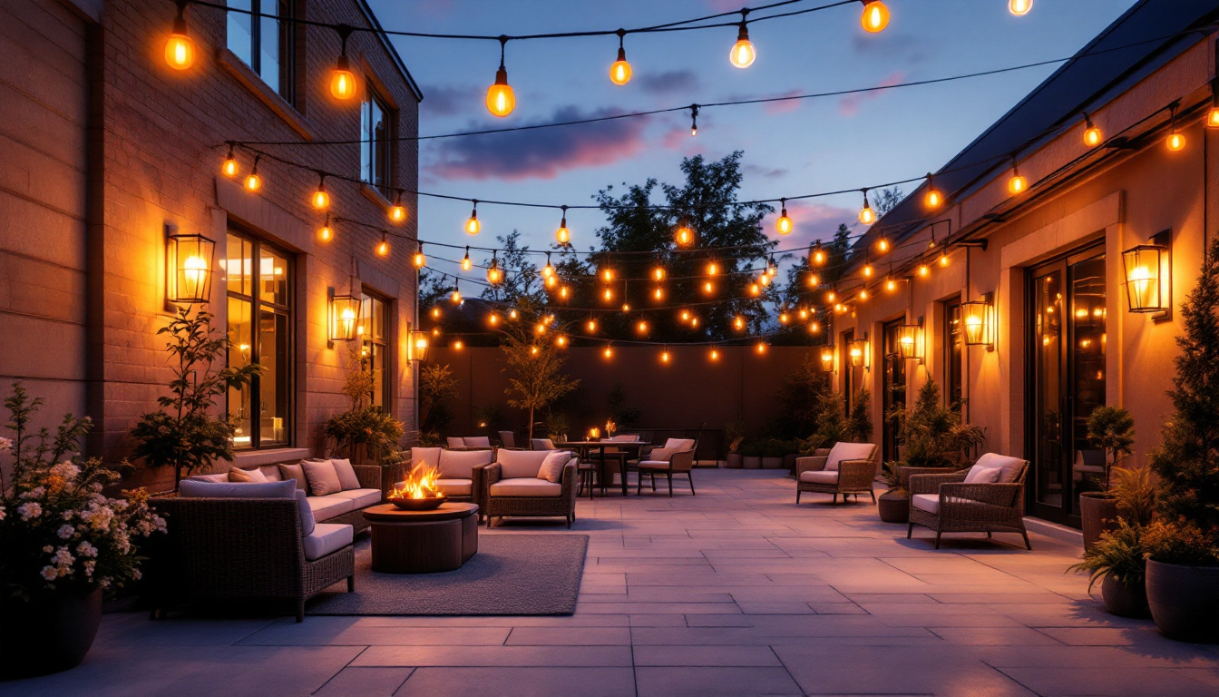 A photograph of a beautifully lit outdoor space featuring a variety of modern overhead lighting fixtures