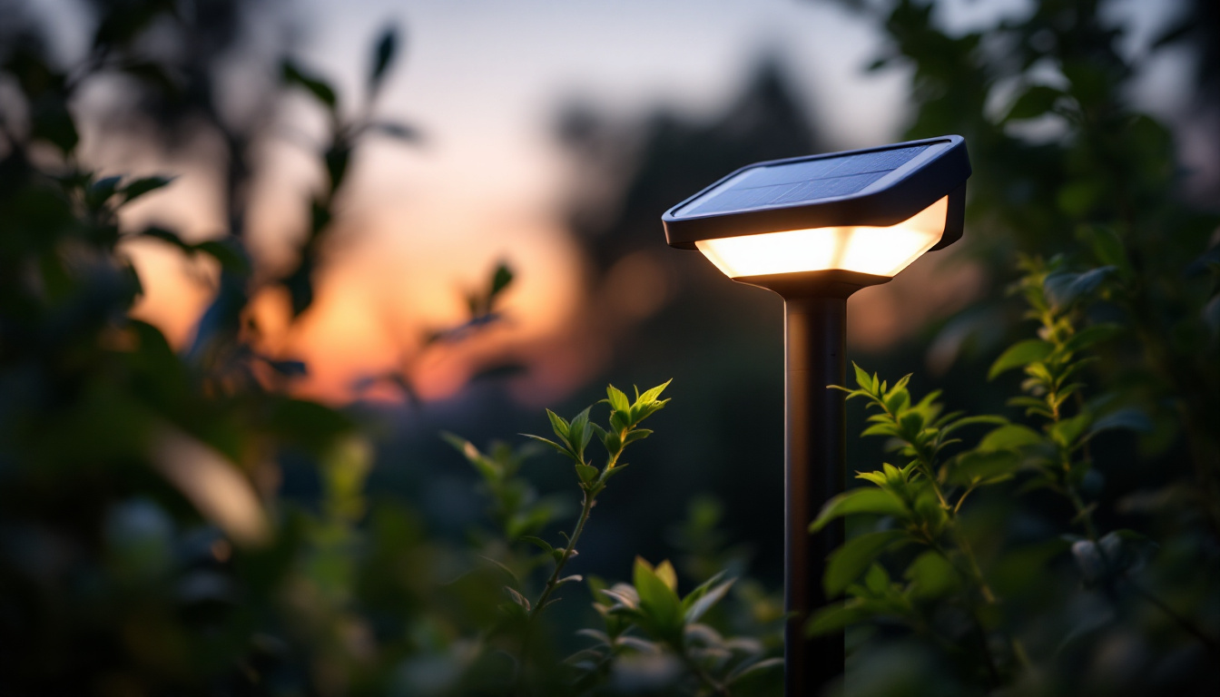A photograph of a small solar-powered light illuminating a garden or outdoor space at dusk