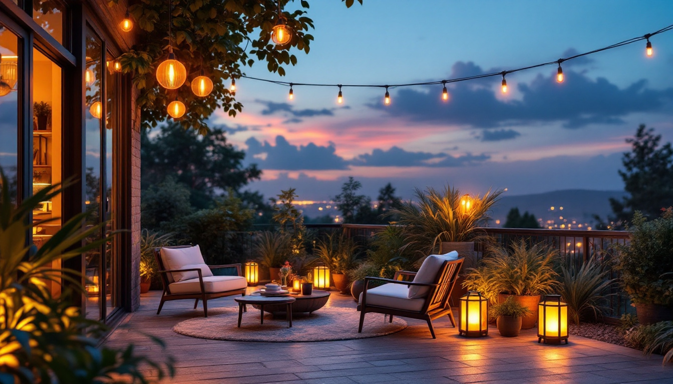 A photograph of a beautifully illuminated patio scene at dusk
