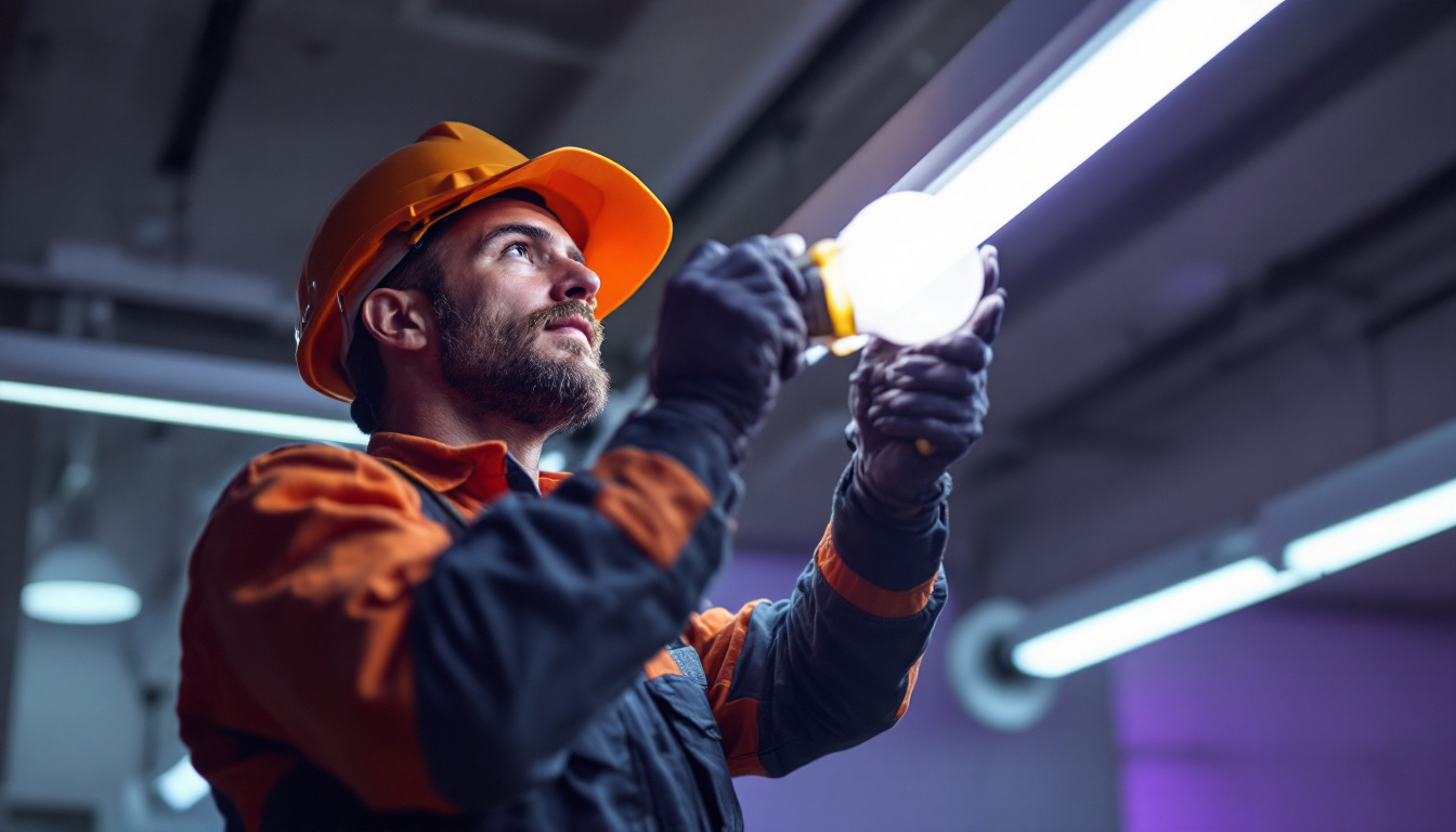 A photograph of a person safely changing a fluorescent bulb