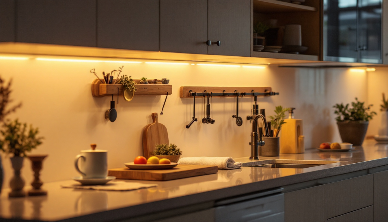 A photograph of a beautifully illuminated kitchen featuring under cabinet tape lighting