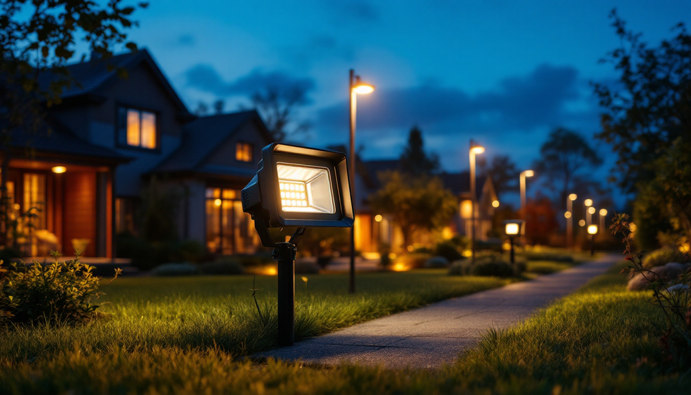 A photograph of a well-lit outdoor scene showcasing a pair of 3-inch led flood lights with side lights illuminating different areas