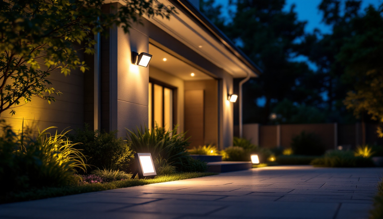 A photograph of a well-lit outdoor scene showcasing various led exterior flood light bulbs installed in a residential or commercial setting
