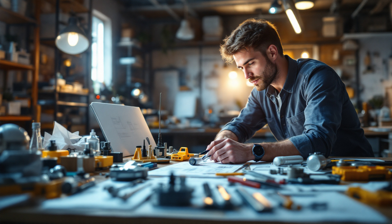 A photograph of a well-lit workspace featuring an electrical engineer examining a t8 four lamp ballast alongside various lighting components