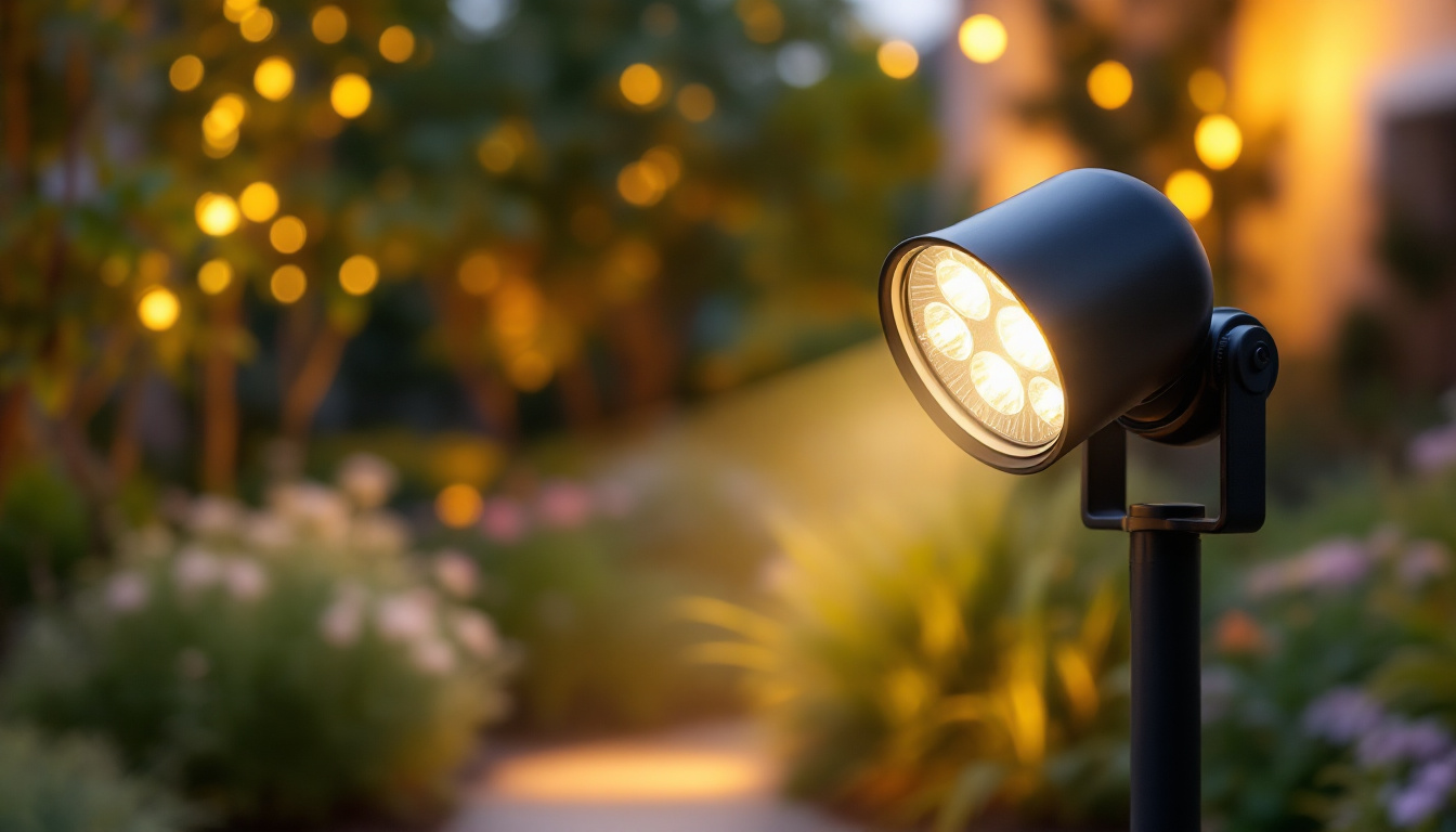 A photograph of a beautifully illuminated outdoor space featuring a spotlight fixture in action