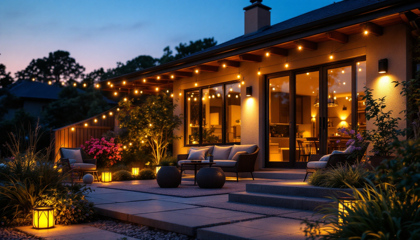 A photograph of a beautifully illuminated patio at dusk