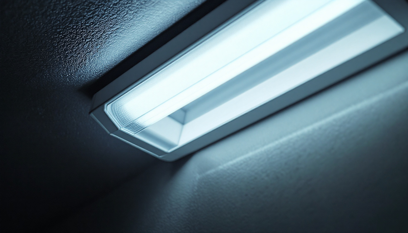 A photograph of a close-up of a fluorescent light fixture with a translucent diffuser