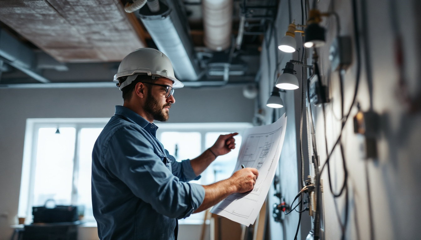 A photograph of capture a photograph of an electrical engineer actively working on a lighting project