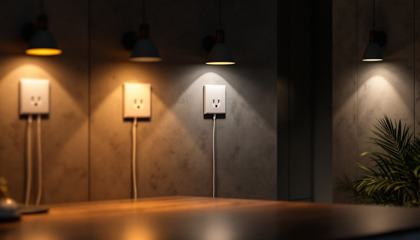 A photograph of a well-lit interior space showcasing various lighting designs with strategically placed duplex receptacles