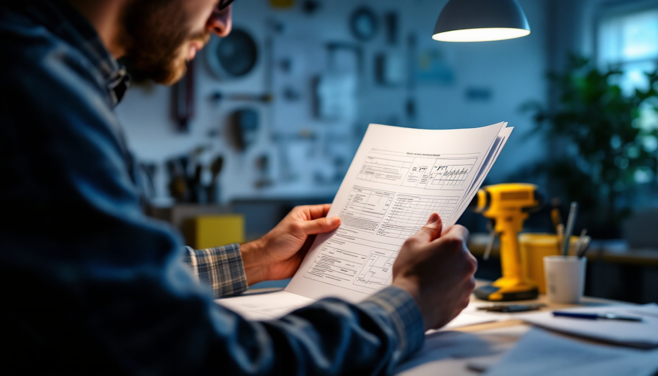 A photograph of a well-lit workspace featuring an engineer reviewing electrical codes and specifications while examining a 2ft led light fixture